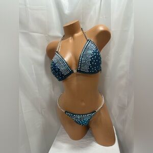 Competition Bikini Suit pro cut teal all crystal Rhinestones handmade 34B